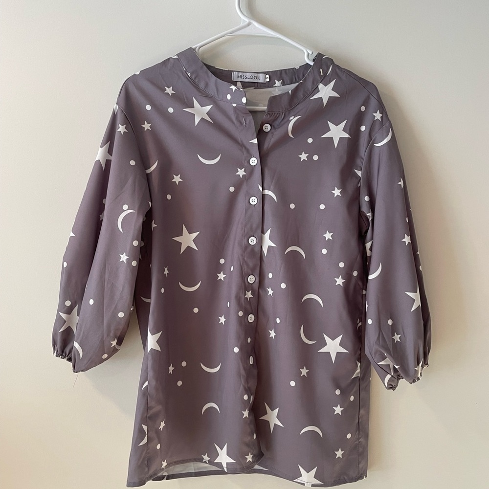 Grey 3/4 sleeve MissLook star and moon celestial blouse